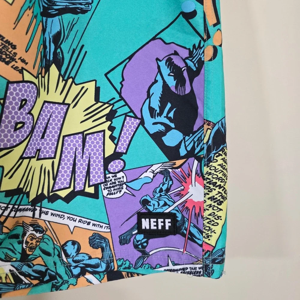 Neff Mens Shorts Black Panther Comic Print‎ Board Shorts Swim Trunks Teal Sz XXL